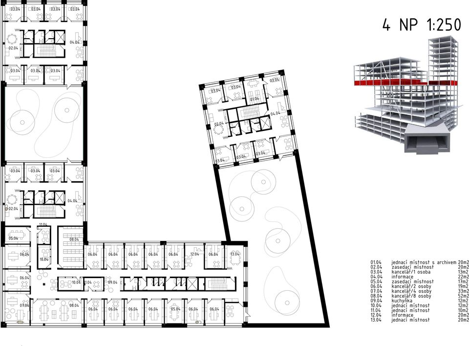 04 jednací místnost s archivem 20m2 02.04 zasedací místnost 20m2 03.04 kancelář/1 osoba 13m2 04.04 informace 22m2 05.04 zasedací místnost 17m2 06.