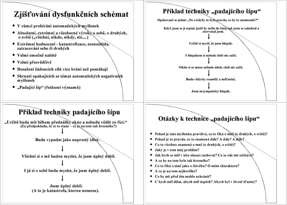 automatických negativních myšlenek Padající šíp (řetězení významů) Příklad techniky padajícího šípu Opakovaně se ptáme No a kdyby to byla pravda, co by to znamenalo?