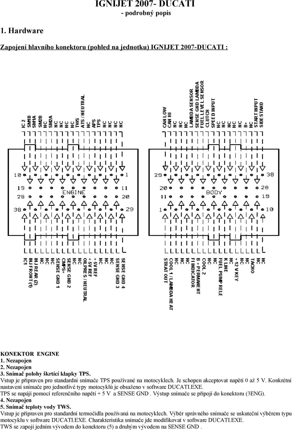EXE. TPS se napájí pomocí referenčního napětí + 5 V a SENSE GND. Výstup snímače se připojí do konektoru (3ENG). 4. Nezapojen 5. Snímač teploty vody TWS.