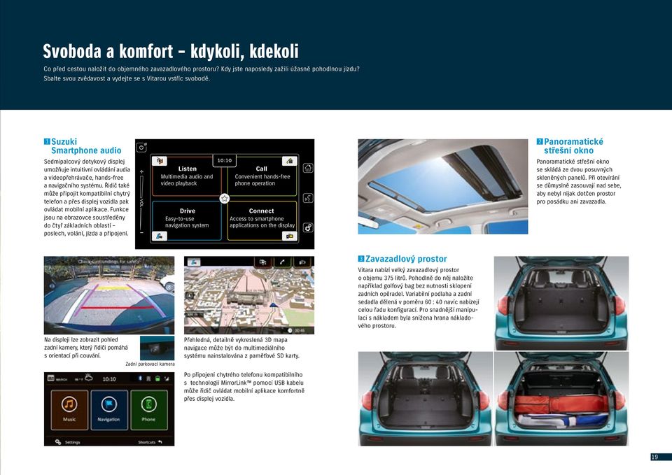 1 Suzuki Smartphone audio 2 Panoramatické střešní okno Sedmipalcový dotykový displej umožňuje intuitivní ovládání audia a videopřehrávače, hands-free a navigačního systému.