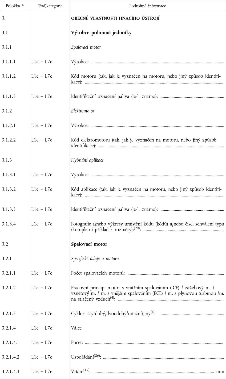 .. 3.1.3 Hybridní aplikace 3.1.3.1 L1e L7e Výrobce:... 3.1.3.2 L1e L7e Kód aplikace (tak, jak je vyznačen na motoru, nebo jiný způsob identifikace):... 3.1.3.3 L1e L7e Identifikační označení paliva (je-li známo):.