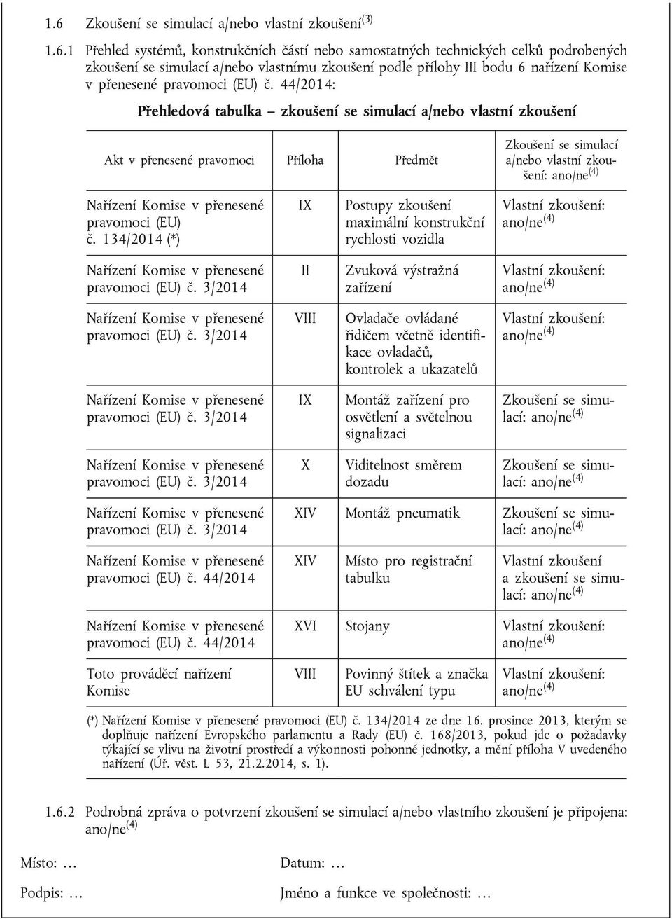44/2014: Přehledová tabulka zkoušení se simulací a/nebo vlastní zkoušení Akt v přenesené pravomoci Příloha Předmět Zkoušení se simulací a/nebo vlastní zkoušení: ano/ne (4) Nařízení Komise v přenesené