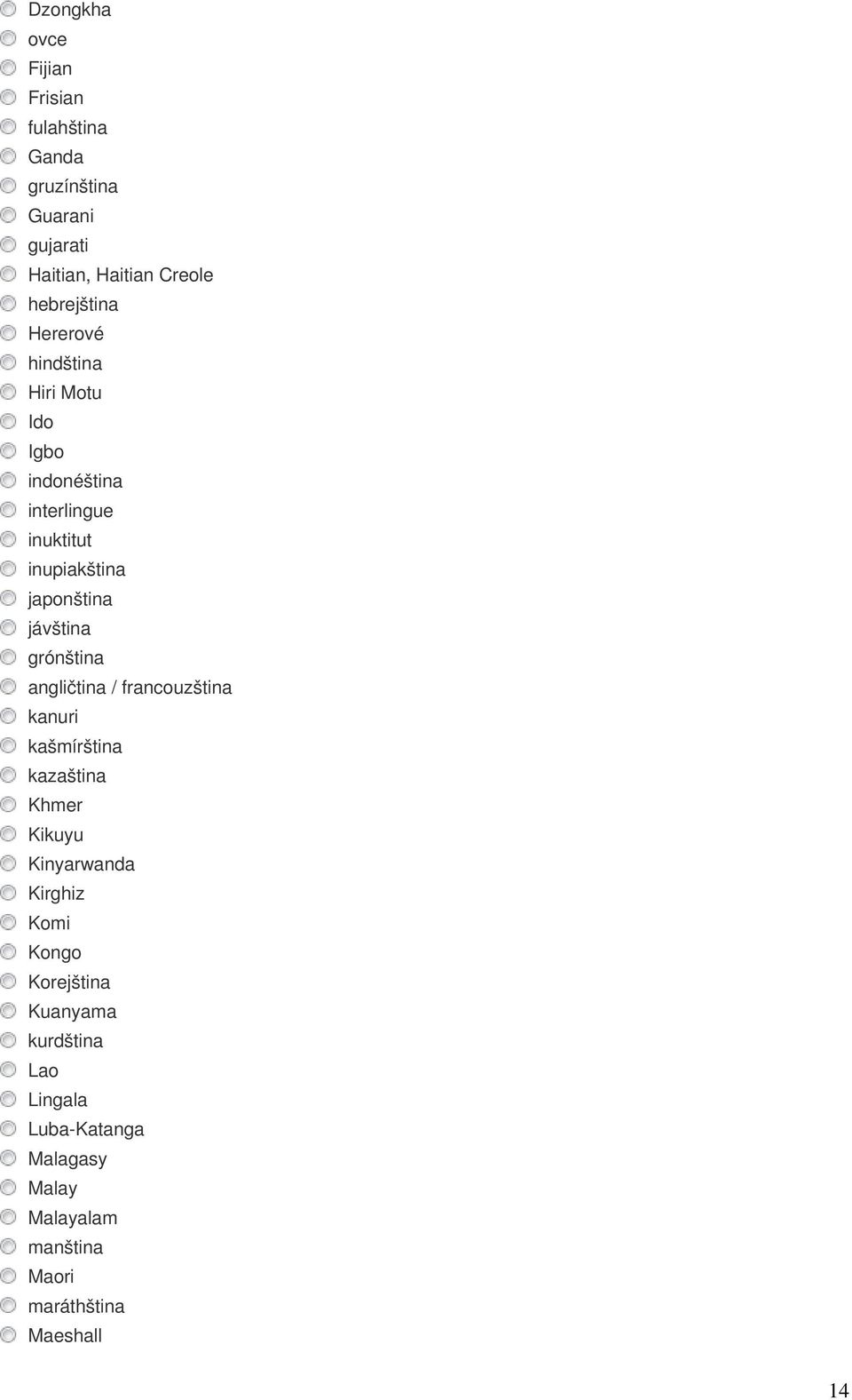 grónština angličtina / francouzština kanuri kašmírština kazaština Khmer Kikuyu Kinyarwanda Kirghiz Komi Kongo
