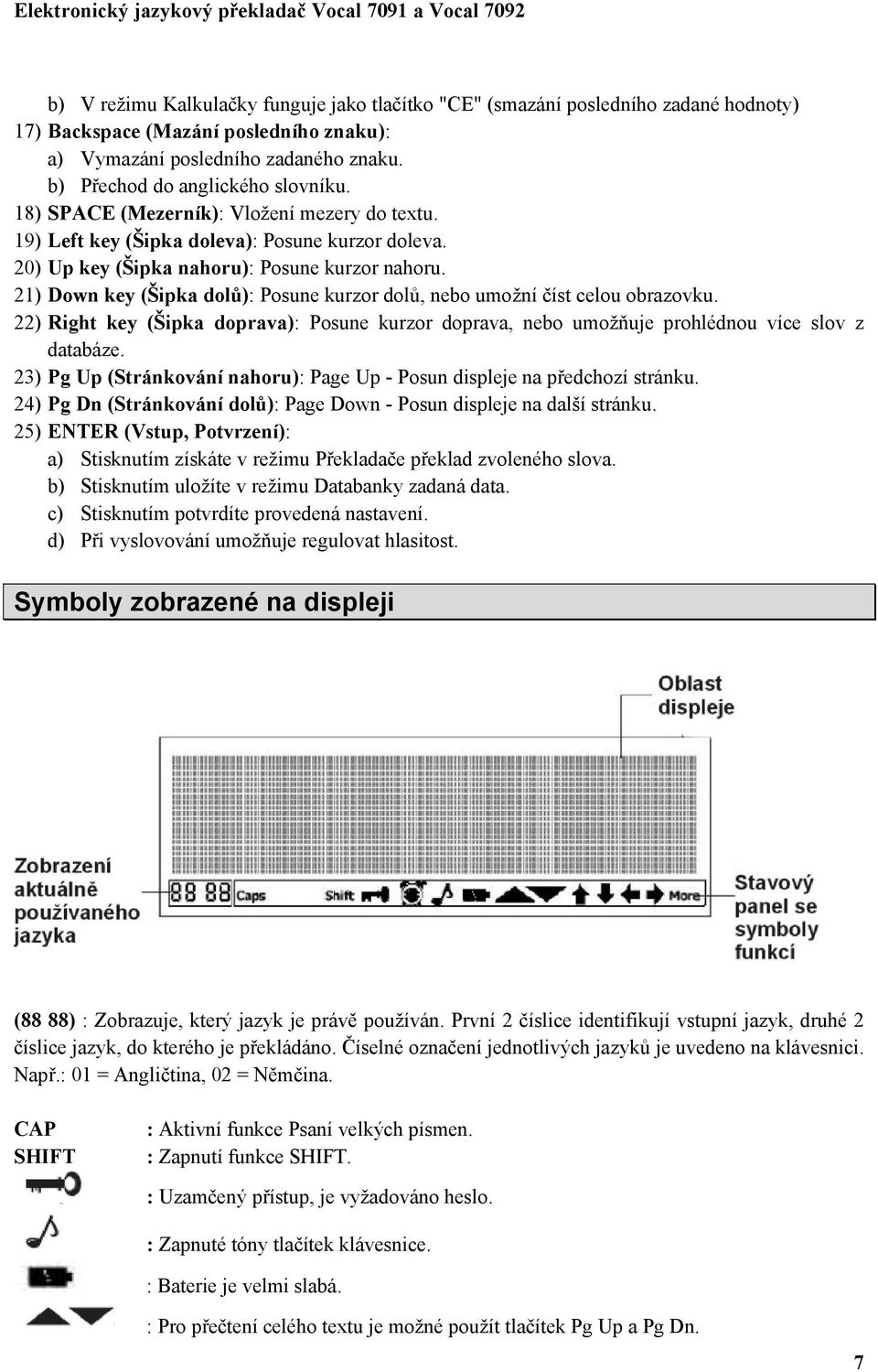 21) Down key (Šipka dolů): Posune kurzor dolů, nebo umožní číst celou obrazovku. 22) Right key (Šipka doprava): Posune kurzor doprava, nebo umožňuje prohlédnou více slov z databáze.