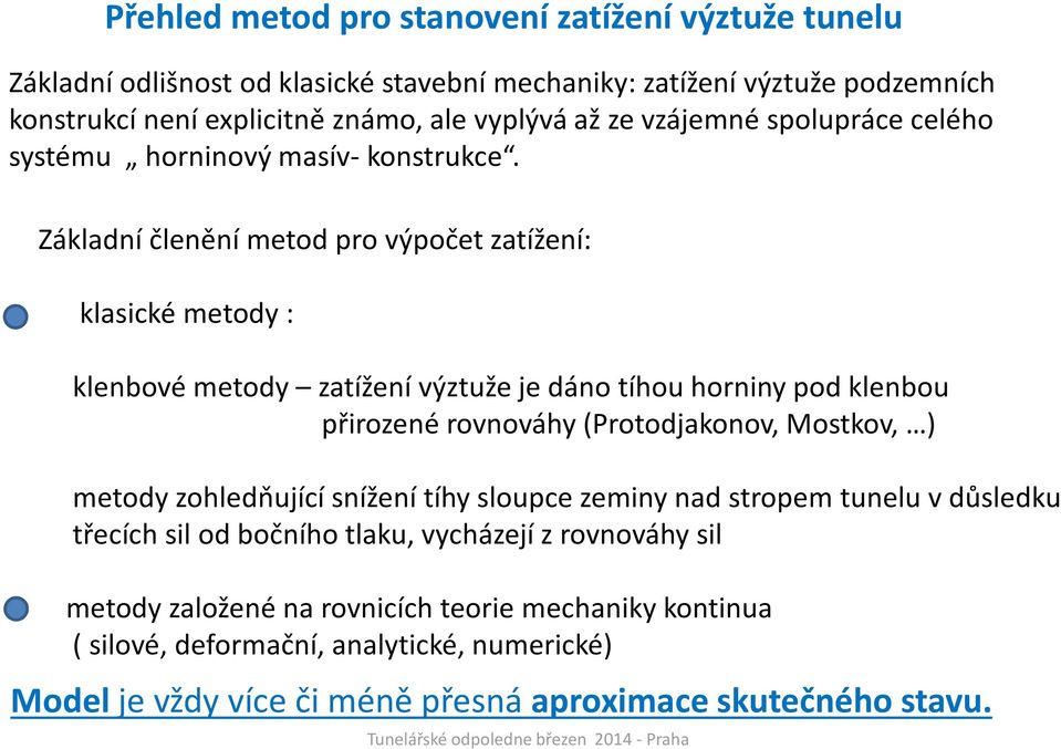 Základní členění metod pro výpočet zatížení: klasické metody : klenbové metody zatížení výztuže je dáno tíhou horniny pod klenbou přirozené rovnováhy (Protodjakonov, Mostkov, )