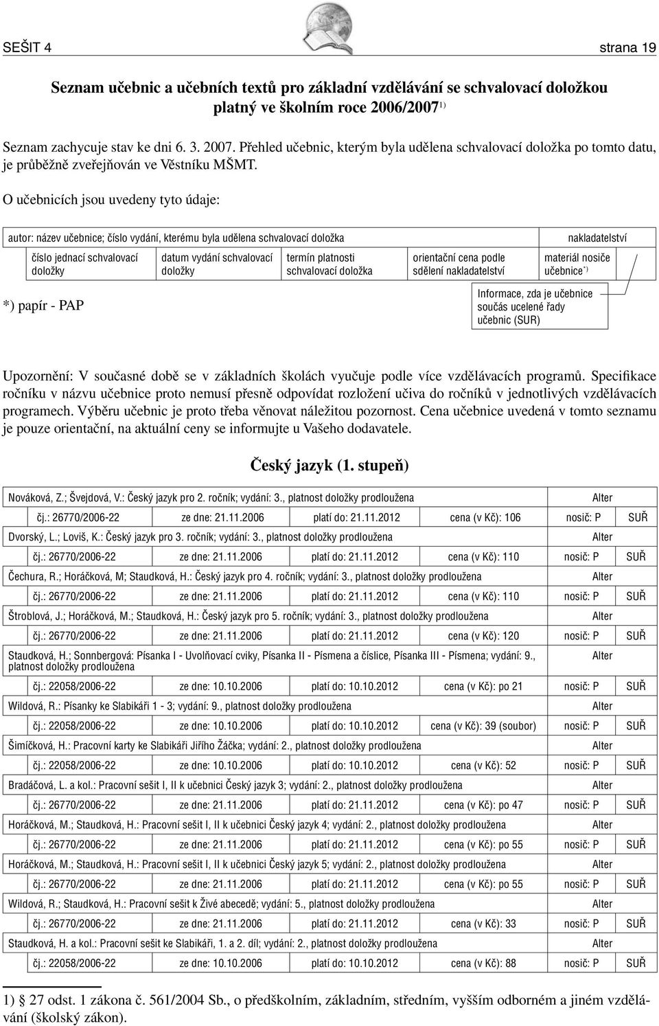 O učebnicích jsou uvedeny tyto údaje: autor: název učebnice; číslo vydání, kterému byla udělena schvalovací doložka číslo jednací schvalovací doložky datum vydání schvalovací doložky termín platnosti