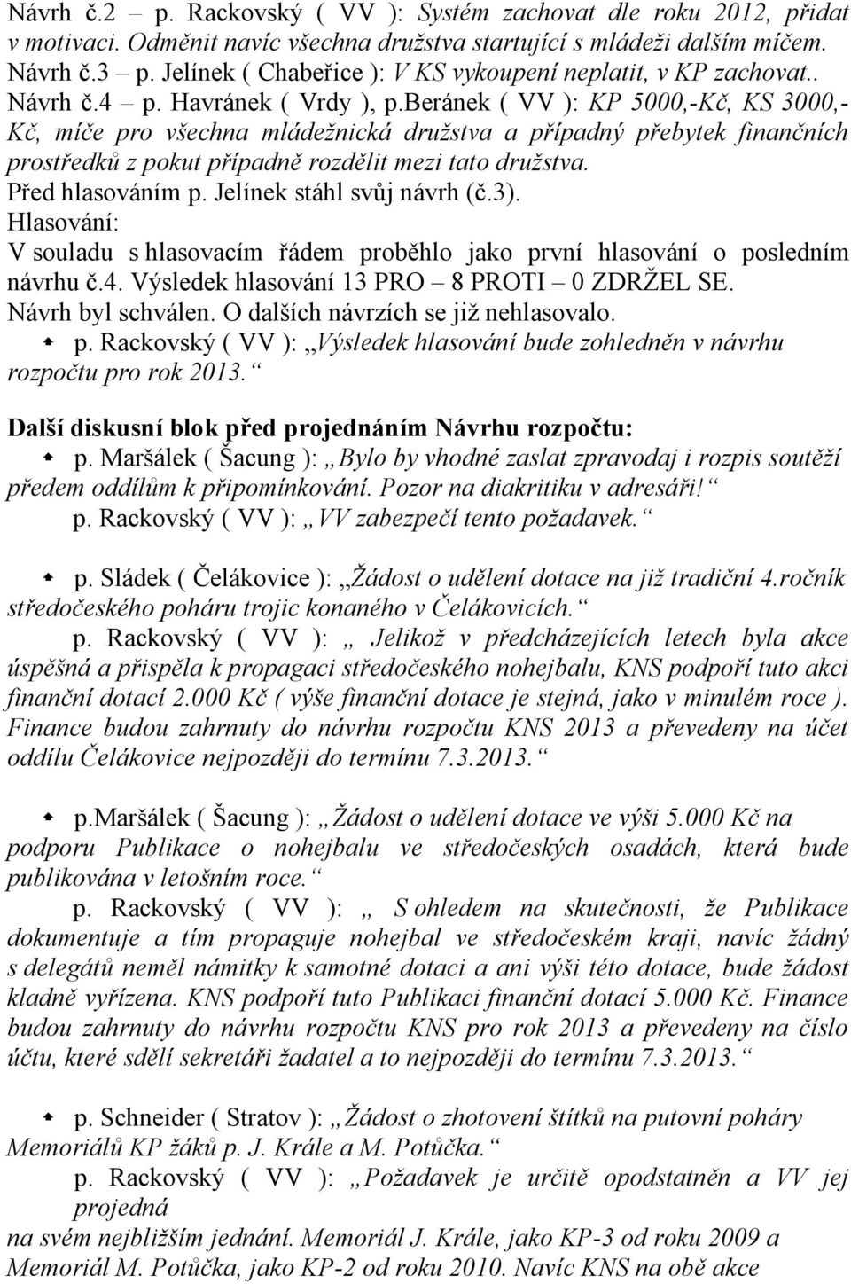 beránek ( VV ): KP 5000,-Kč, KS 3000,- Kč, míče pro všechna mládežnická družstva a případný přebytek finančních prostředků z pokut případně rozdělit mezi tato družstva. Před hlasováním p.
