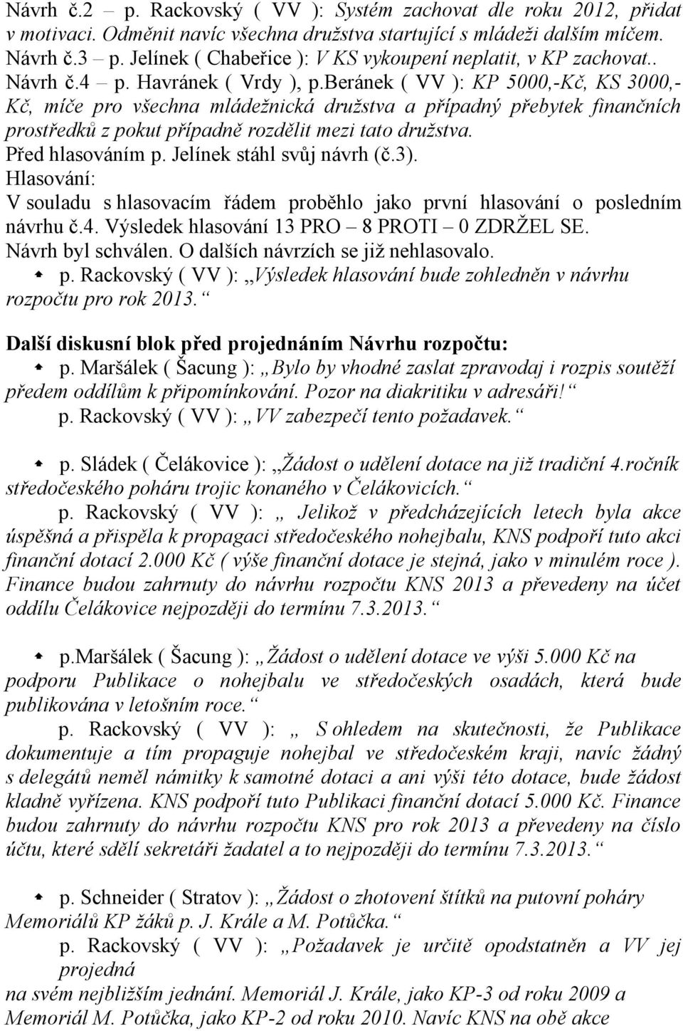 beránek ( VV ): KP 5000,-Kč, KS 3000,- Kč, míče pro všechna mládežnická družstva a případný přebytek finančních prostředků z pokut případně rozdělit mezi tato družstva. Před hlasováním p.