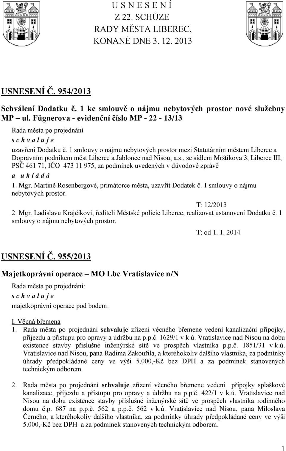 Mgr. Martině Rosenbergové, primátorce města, uzavřít Dodatek č. 1 smlouvy o nájmu nebytových prostor. T: 12/2013 2. Mgr.