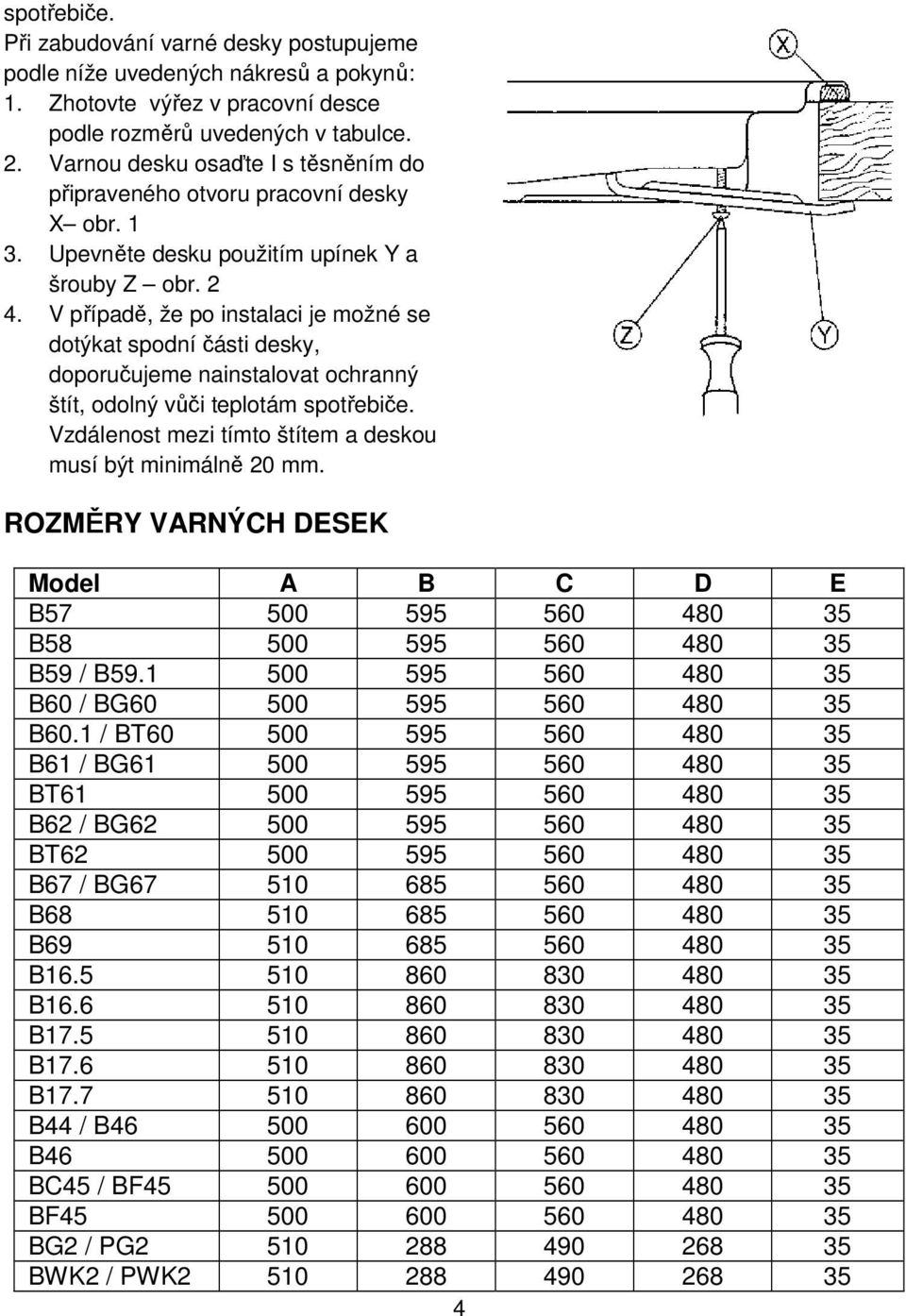 V případě, že po instalaci je možné se dotýkat spodní části desky, doporučujeme nainstalovat ochranný štít, odolný vůči teplotám spotřebiče.