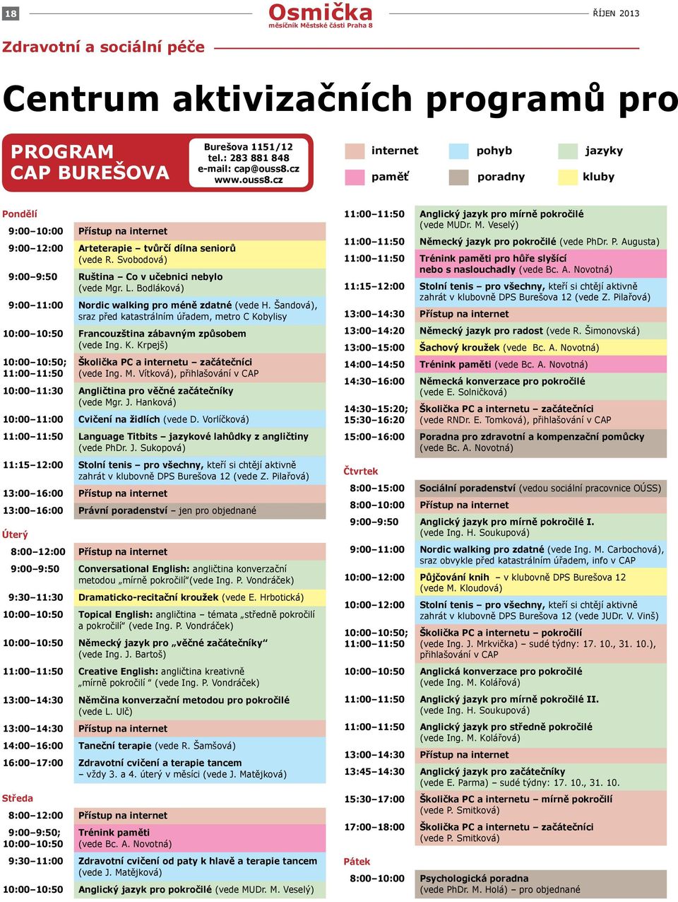 Svobodová) 9:00 9:50 Ruština Co v učebnici nebylo (vede Mgr. L. Bodláková) 9:00 11:00 Nordic walking pro méně zdatné (vede H.