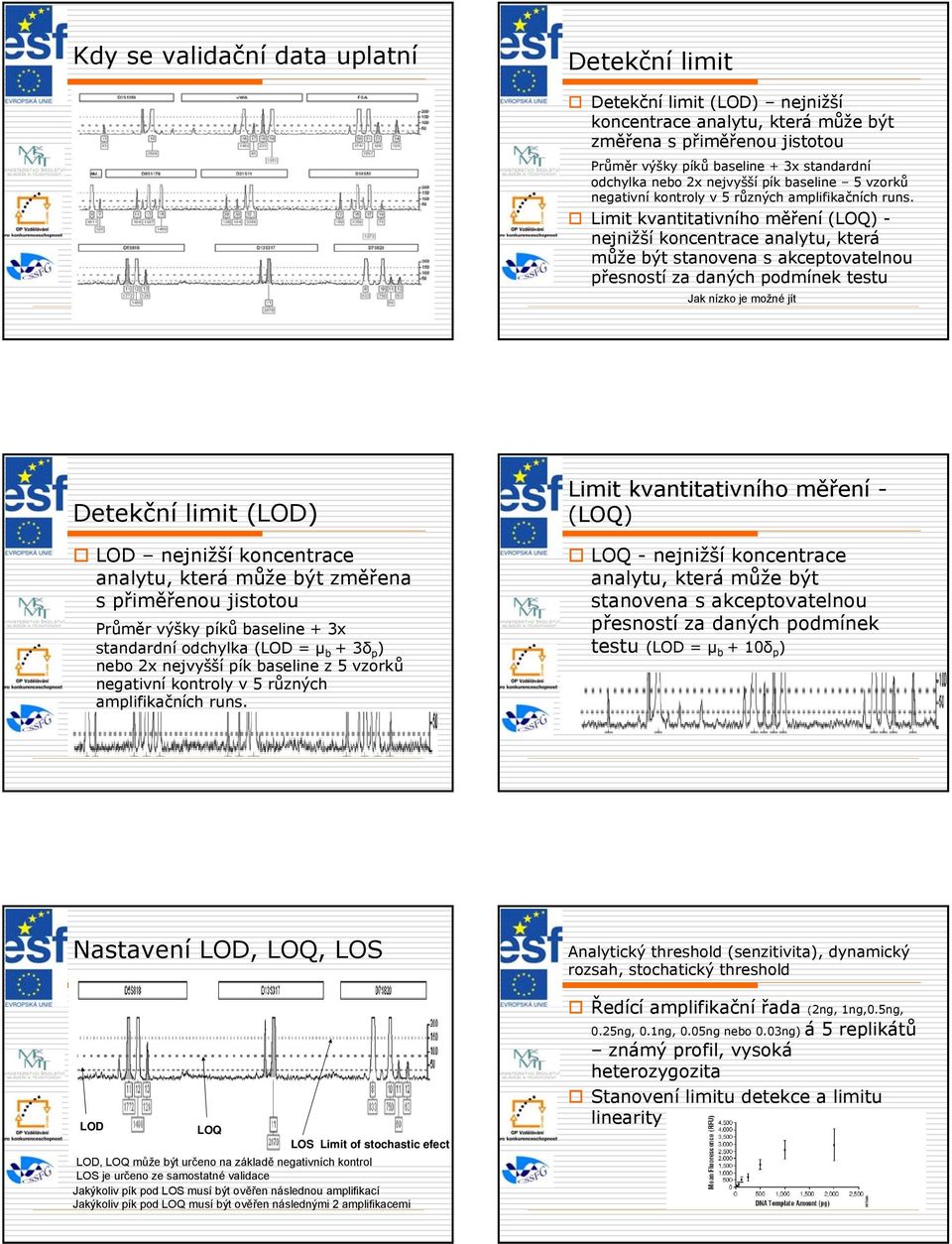 Limit kvantitativního měření (LOQ) - nejnižší koncentrace analytu, která může být stanovena s akceptovatelnou přesností za daných podmínek testu Jak nízko je možné jít Detekční limit (LOD) LOD