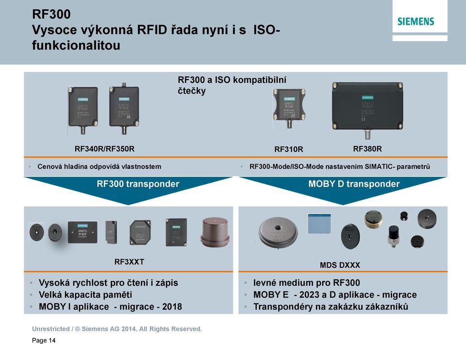 Vysoká rychlost pro čtení i zápis Velká kapacita paměti MOBY I aplikace - migrace - 2018 MDS DXXX levné medium pro RF300