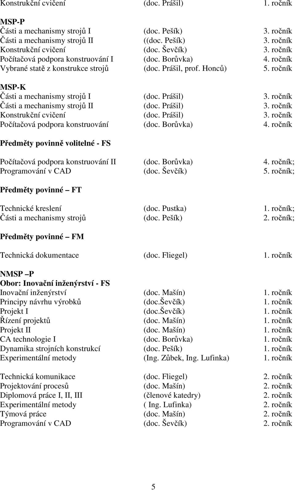 ročník Části a mechanismy strojů II (doc. Prášil) 3. ročník Konstrukční cvičení (doc. Prášil) 3. ročník Počítačová podpora konstruování (doc. Borůvka) 4.