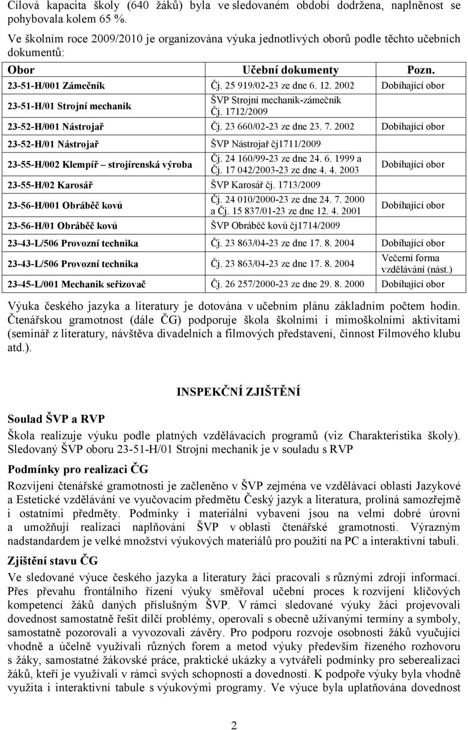 2002 Dobíhající obor 23-51-H/01 Strojní mechanik ŠVP Strojní mechanik-zámečník Čj. 1712/2009 23-52-H/001 Nástrojař Čj. 23 660/02-23 ze dne 23. 7.