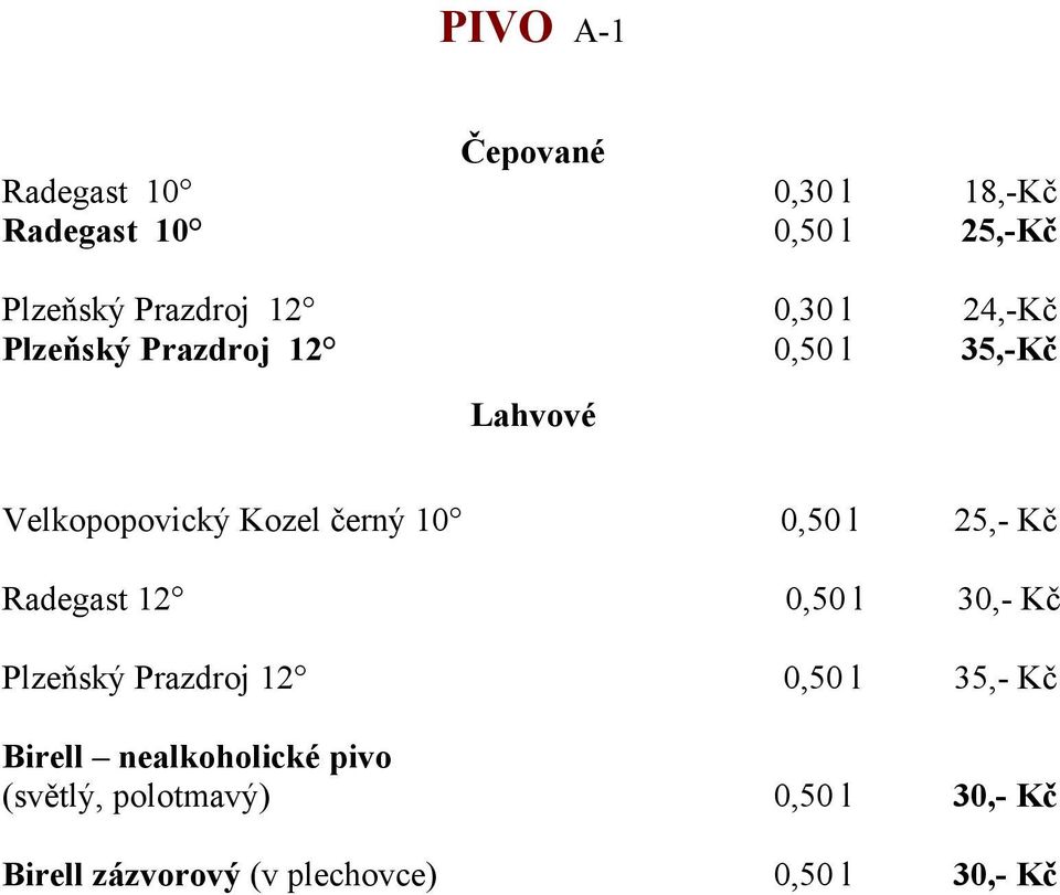 Velkopopovický Kozel černý 10 25,- Kč Radegast 12 Plzeňský Prazdroj 12