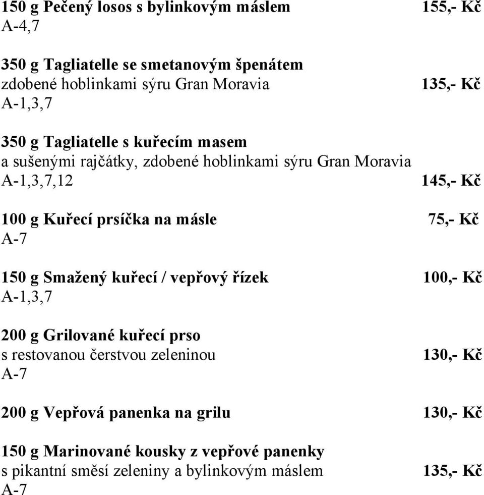 prsíčka na másle A-7 150 g Smažený kuřecí / vepřový řízek A-1,3,7 75,- Kč 100,- Kč 200 g Grilované kuřecí prso s restovanou čerstvou