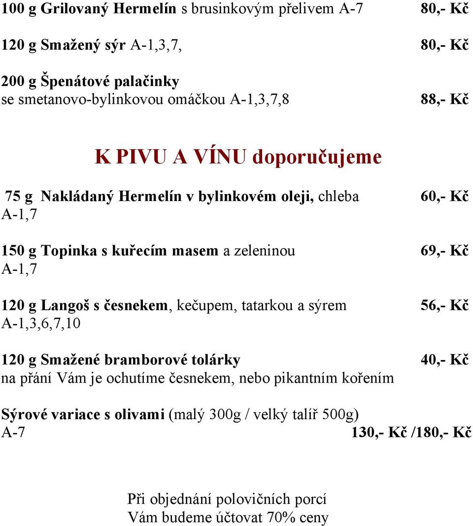 zeleninou A-1,7 69,- Kč 120 g Langoš s česnekem, kečupem, tatarkou a sýrem A-1,3,6,7,10 56,- Kč 120 g Smažené bramborové tolárky na přání Vám je