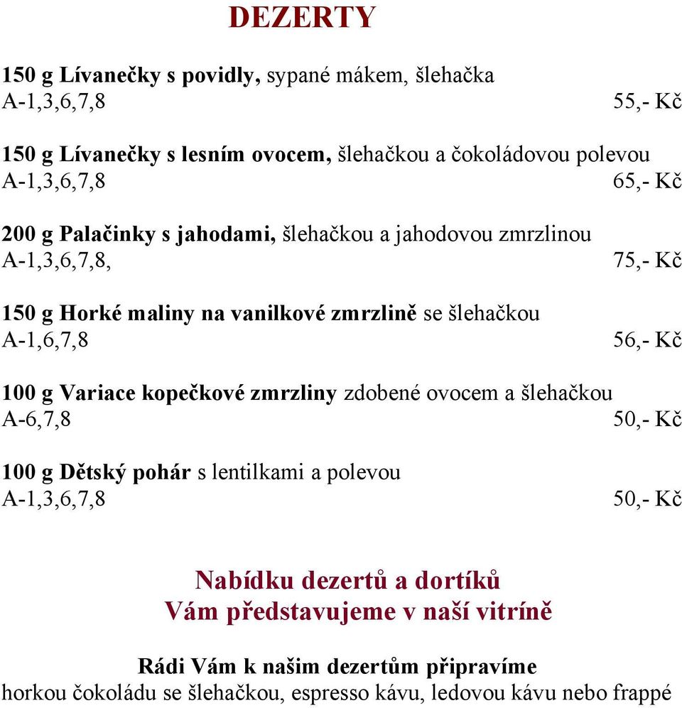 56,- Kč 100 g Variace kopečkové zmrzliny zdobené ovocem a šlehačkou A-6,7,8 50,- Kč 100 g Dětský pohár s lentilkami a polevou A-1,3,6,7,8 50,- Kč Nabídku