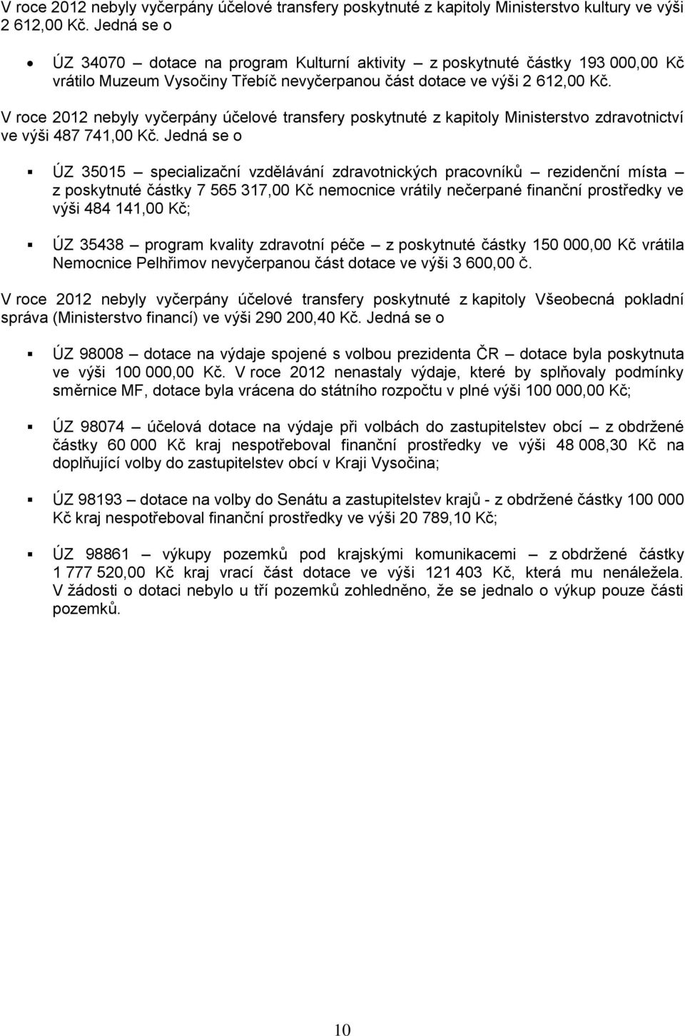 V roce 2012 nebyly vyčerpány účelové transfery poskytnuté z kapitoly Ministerstvo zdravotnictví ve výši 487 741,00 Kč.
