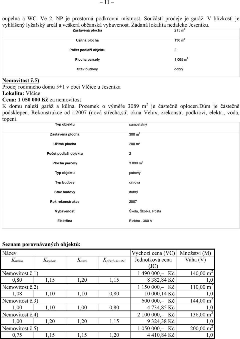5) Prodej rodinného domu 5+1 v obci Vlčice u Jeseníka Lokalita: Vlčice Cena: 1 050 000 Kč za nemovitost K domu náleží garáž a kůlna. Pozemek o výměře 3089 m 2 je částečně oplocen.