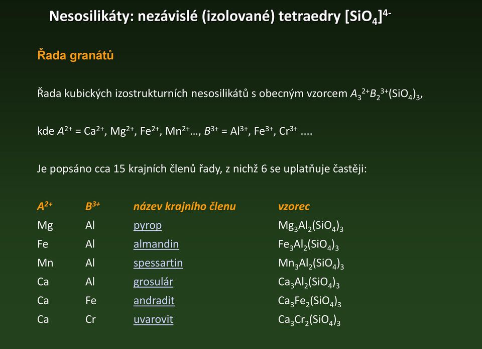 .. Je popsáno cca 15 krajních členů řady, z nichž 6 se uplatňuje častěji: A 2+ B 3+ název krajního členu vzorec Mg Al pyrop Mg 3 Al 2