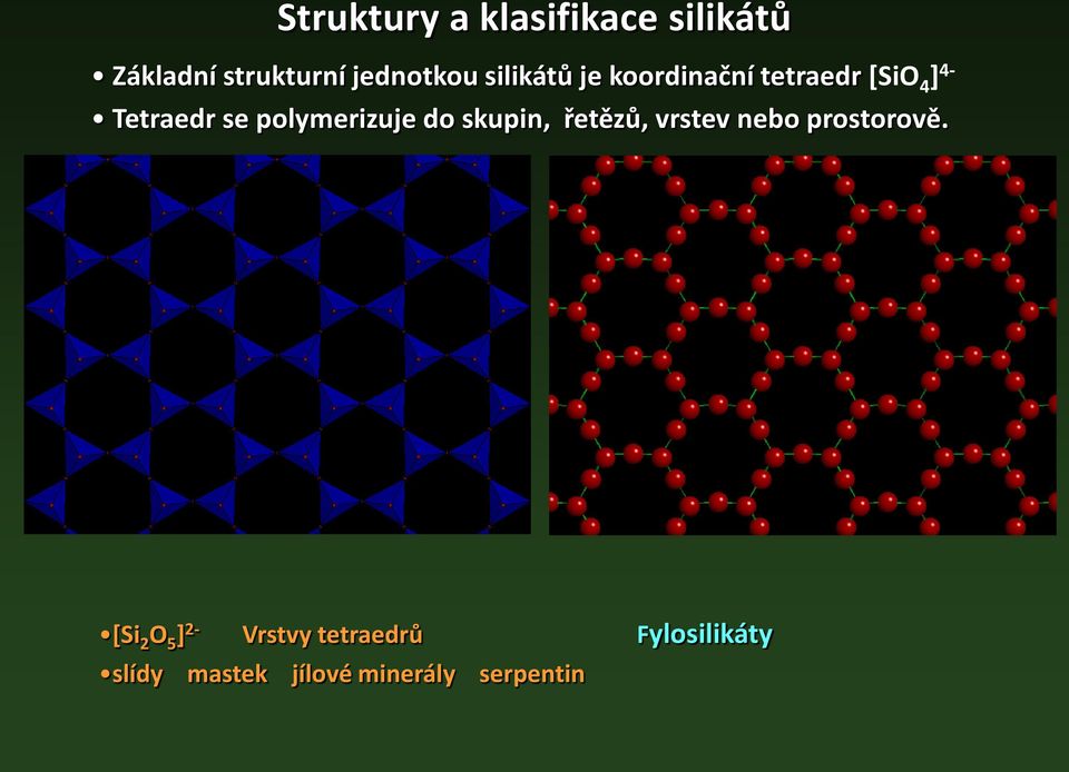 polymerizuje do skupin, řetězů, vrstev nebo prostorově.