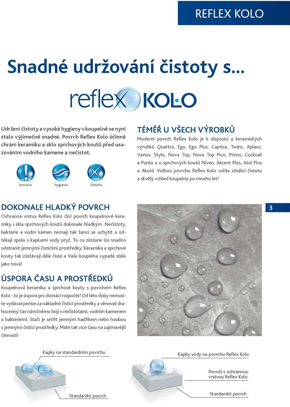 inovace hygiena čistota TÉMĚŘ U VŠECH VÝROBKŮ Moderní povrch Reflex Kolo je k dispozici u keramických výrobků Quattro, Ego, Ego Plus, Caprice, Twins, Aplauz, Varius, Style, Nova Top, Nova Top Pico,