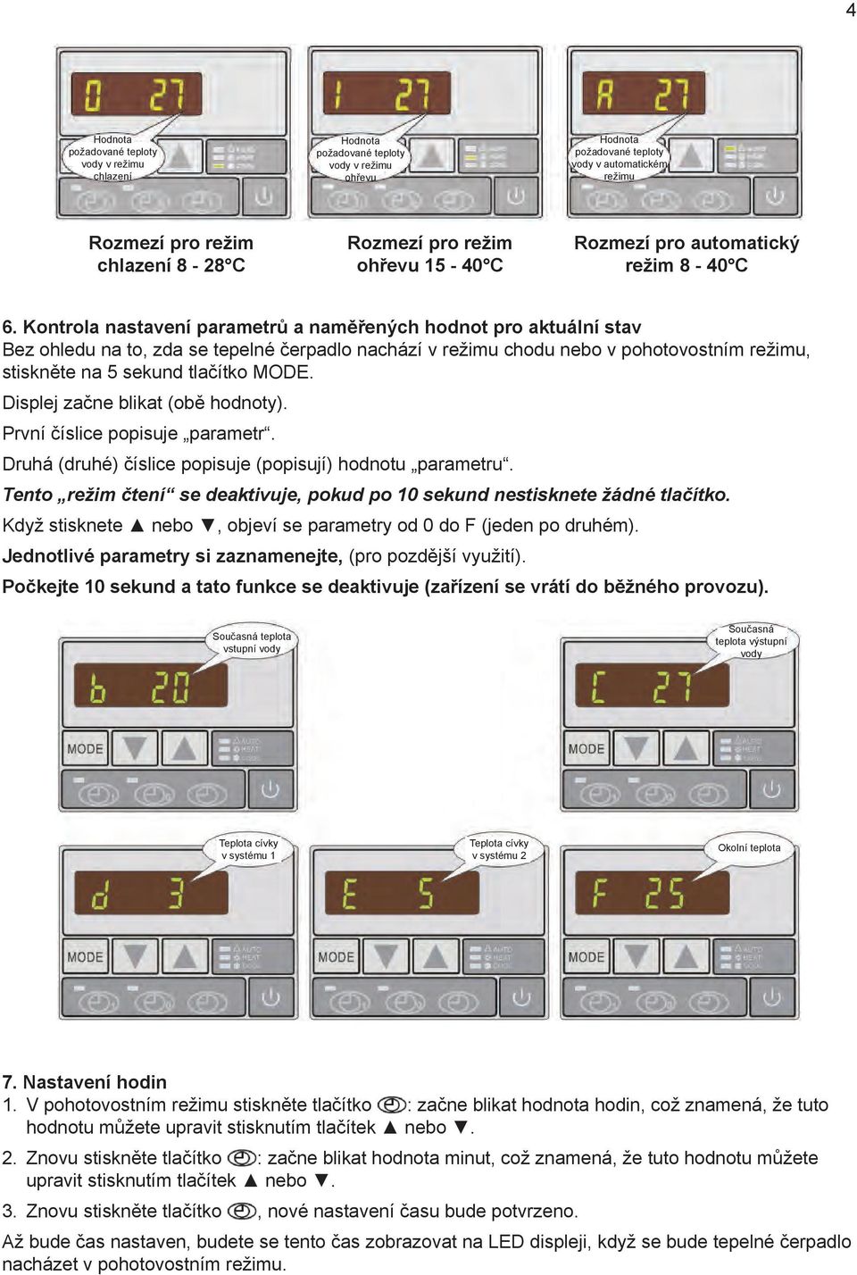 Kontrola nastavení parametrů a naměřených hodnot pro aktuální stav Bez ohledu na to, zda se tepelné čerpadlo nachází v režimu chodu nebo v pohotovostním režimu, stiskněte na 5 sekund tlačítko MODE.