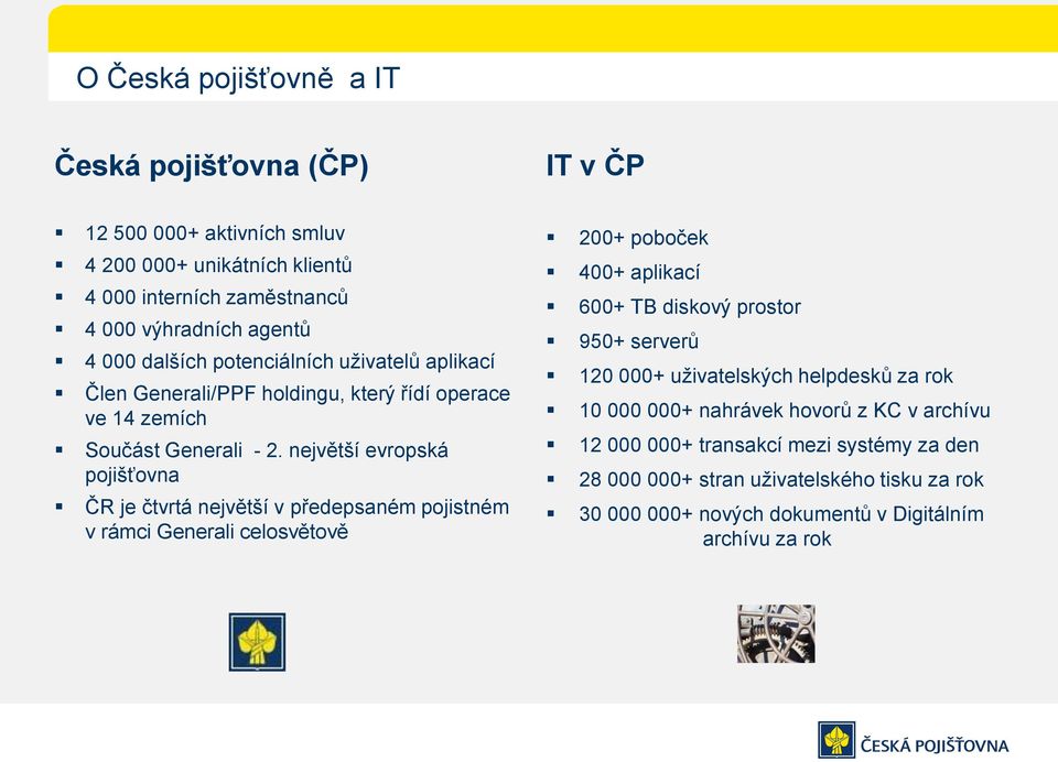 největší evropská pojišťovna ČR je čtvrtá největší v předepsaném pojistném v rámci Generali celosvětově 200+ poboček 400+ aplikací 600+ TB diskový prostor 950+ serverů 120