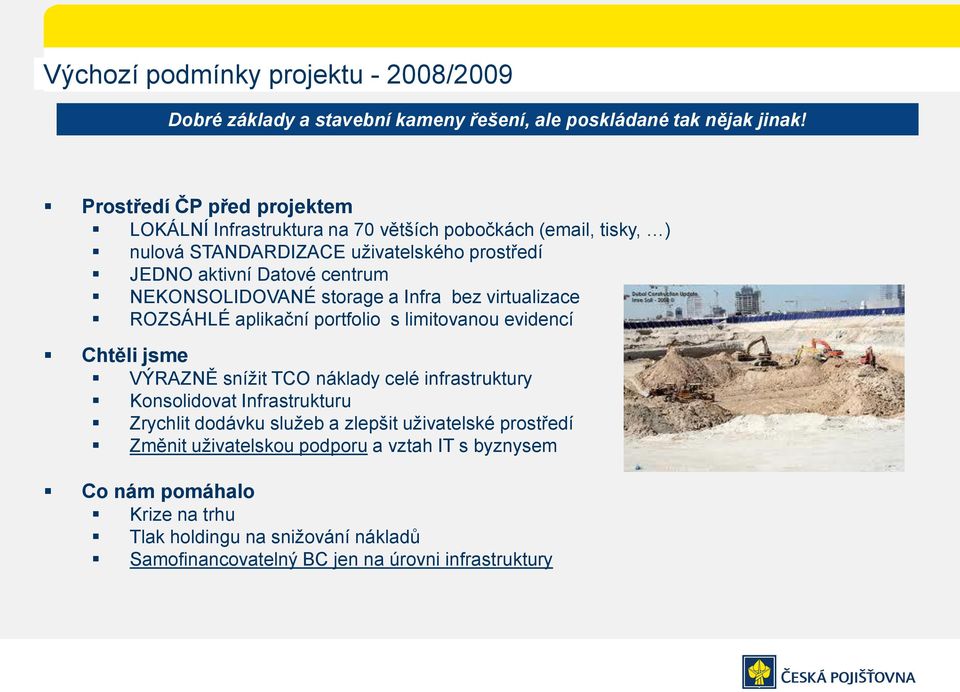 NEKONSOLIDOVANÉ storage a Infra bez virtualizace ROZSÁHLÉ aplikační portfolio s limitovanou evidencí Chtěli jsme VÝRAZNĚ snížit TCO náklady celé infrastruktury