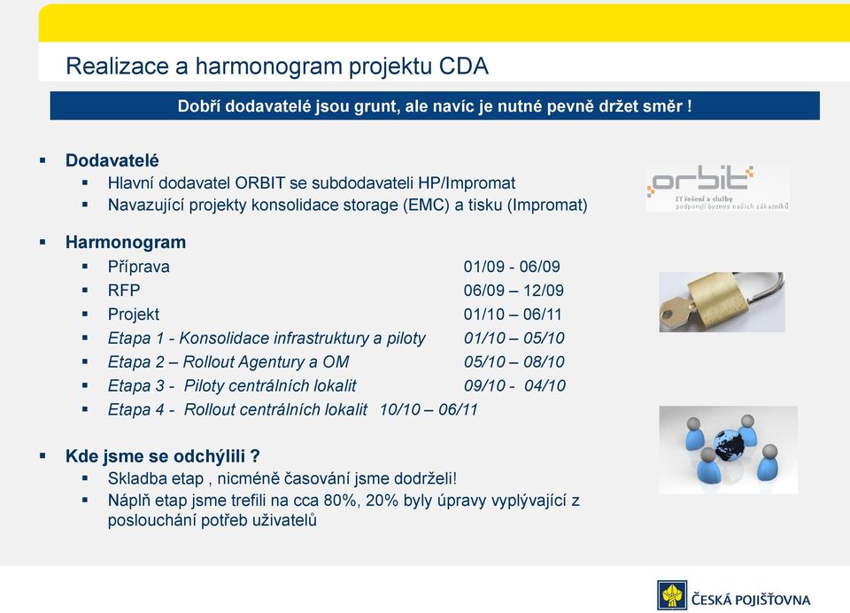 06/09 12/09 Projekt 01/10 06/11 Etapa 1 - Konsolidace infrastruktury a piloty 01/10 05/10 Etapa 2 Rollout Agentury a OM 05/10 08/10 Etapa 3 - Piloty centrálních
