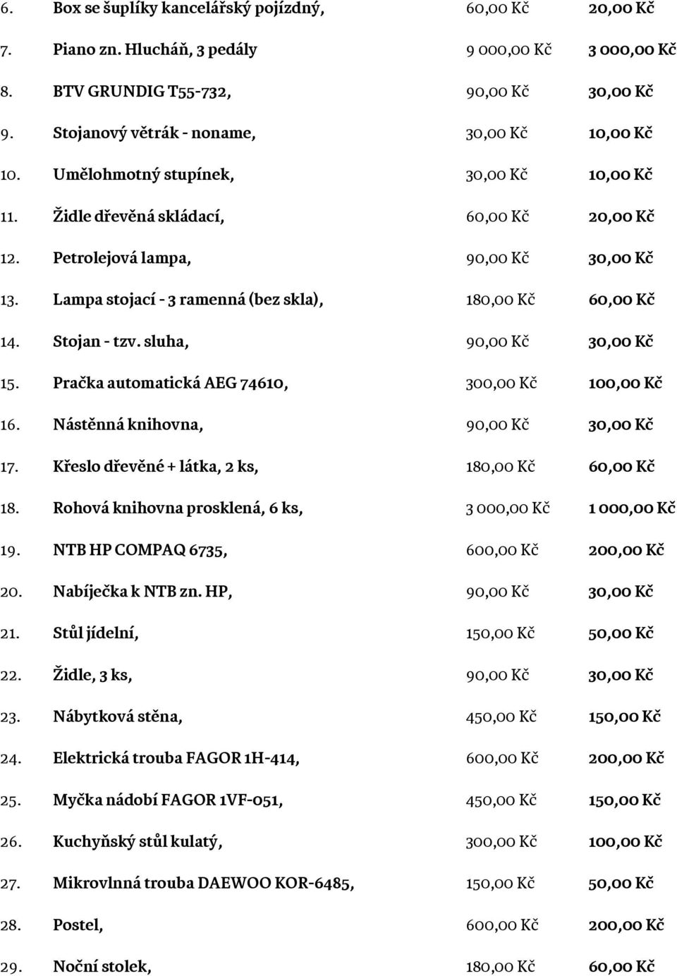 Lampa stojací - 3 ramenná (bez skla), 180,00 Kč 60,00 Kč 14. Stojan - tzv. sluha, 90,00 Kč 30,00 Kč 15. Pračka automatická AEG 74610, 300,00 Kč 100,00 Kč 16. Nástěnná knihovna, 90,00 Kč 30,00 Kč 17.