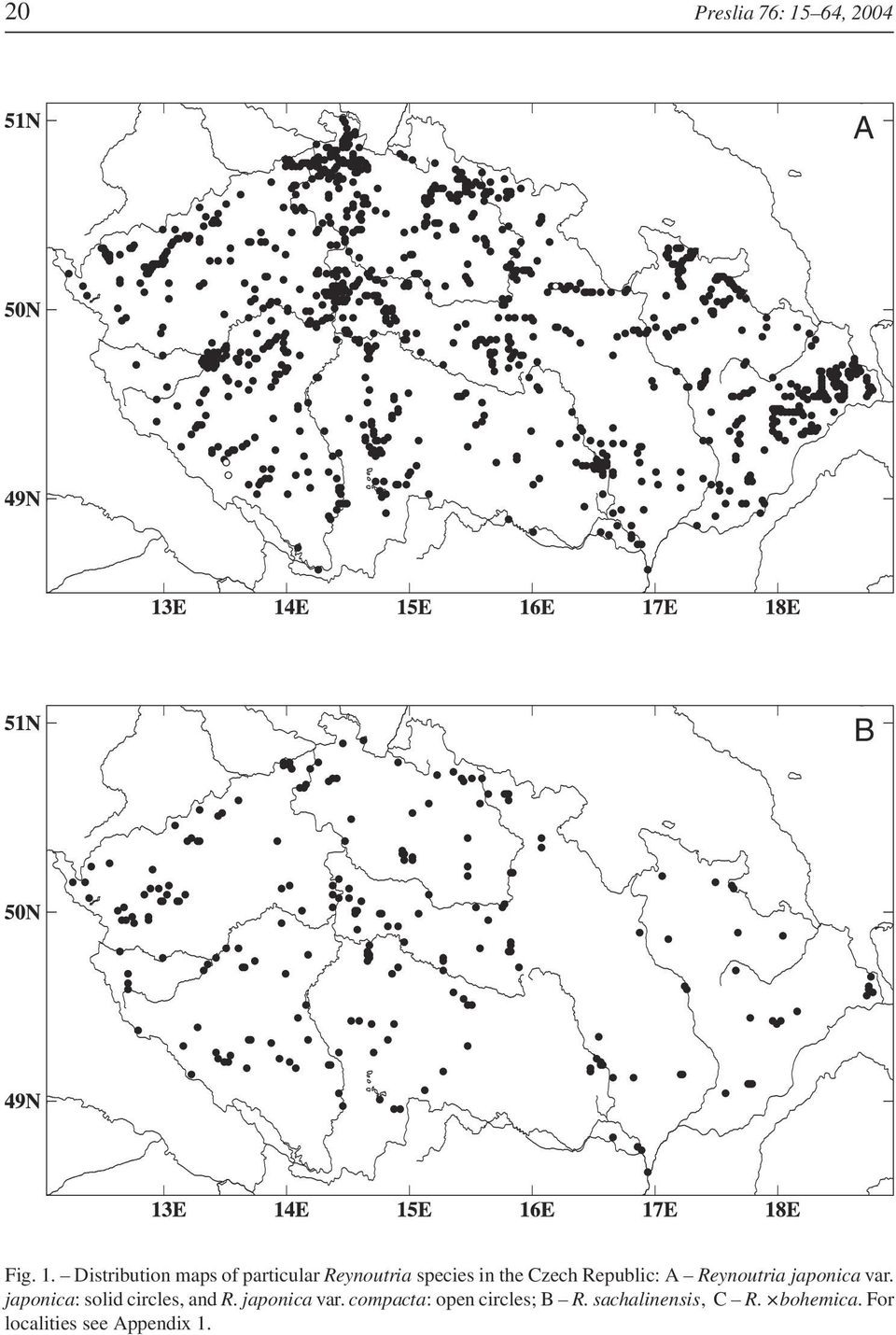 Distribution maps of particular Reynoutria species in the Czech