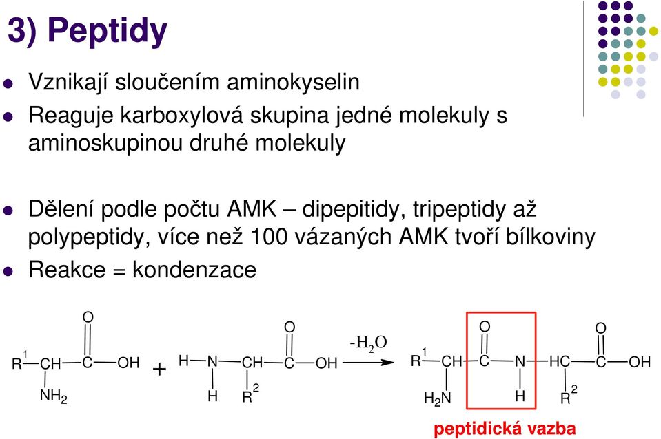 tripeptidy až polypeptidy, více než 100 vázaných AMK tvoří bílkoviny Reakce =