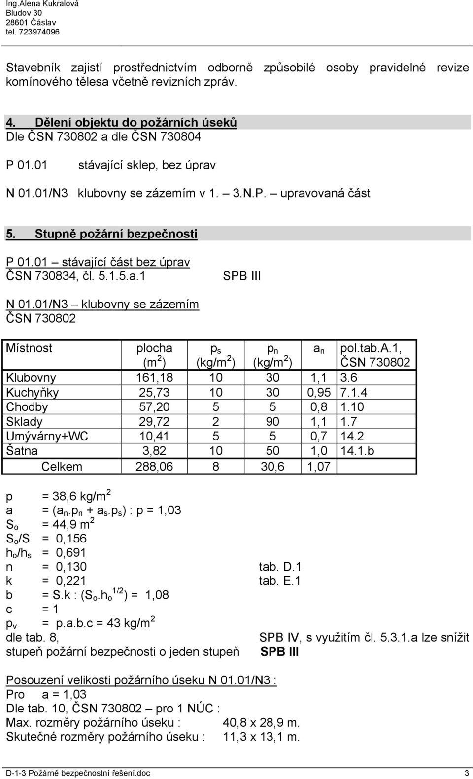 01/N3 klubovny se zázemím ČSN 730802 Místnost plocha (m 2 ) p s (kg/m 2 ) p n (kg/m 2 ) a n pol.tab.a.1, ČSN 730802 Klubovny 161,18 10 30 1,1 3.6 Kuchyňky 25,73 10 30 0,95 7.1.4 Chodby 57,20 5 5 0,8 1.