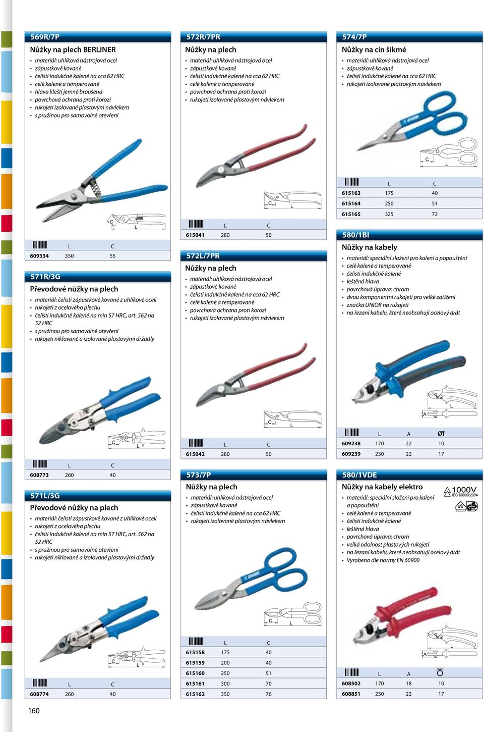562 na 52 HR rukojeti niklované a izolované plastovými držadly 572/7PR Nůžky na plech na cca 62 HR Nůžky na kabely materiál: speciální složení pro kalení a popouštění leštěná hlava povrchová úprava: