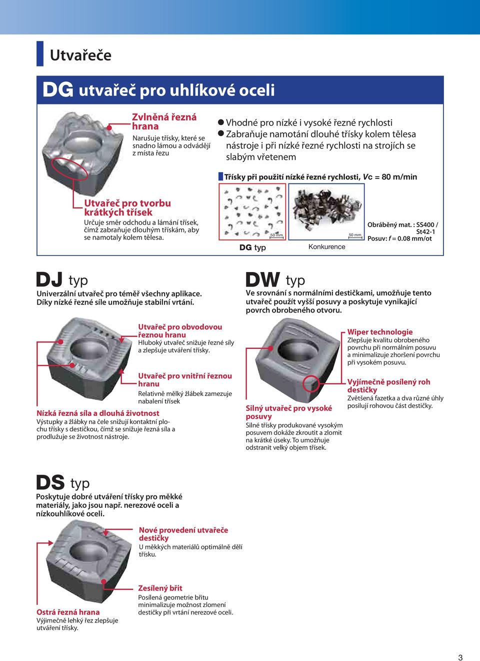 lámání třísek, čímž zabraňuje dlouhým třískám, aby se namotaly kolem tělesa. DG typ 50 mm Konkurence 50 mm Obráběný mat. : SS400 / St42-1 Posuv: f = 0.