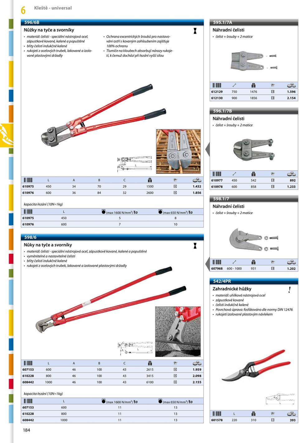 při řezání vyšší silou 595.1/7A Náhradní čelisti čelist + šrouby + 2 matice 12129 750 147 12130 900 185 1.59 2.154 59.