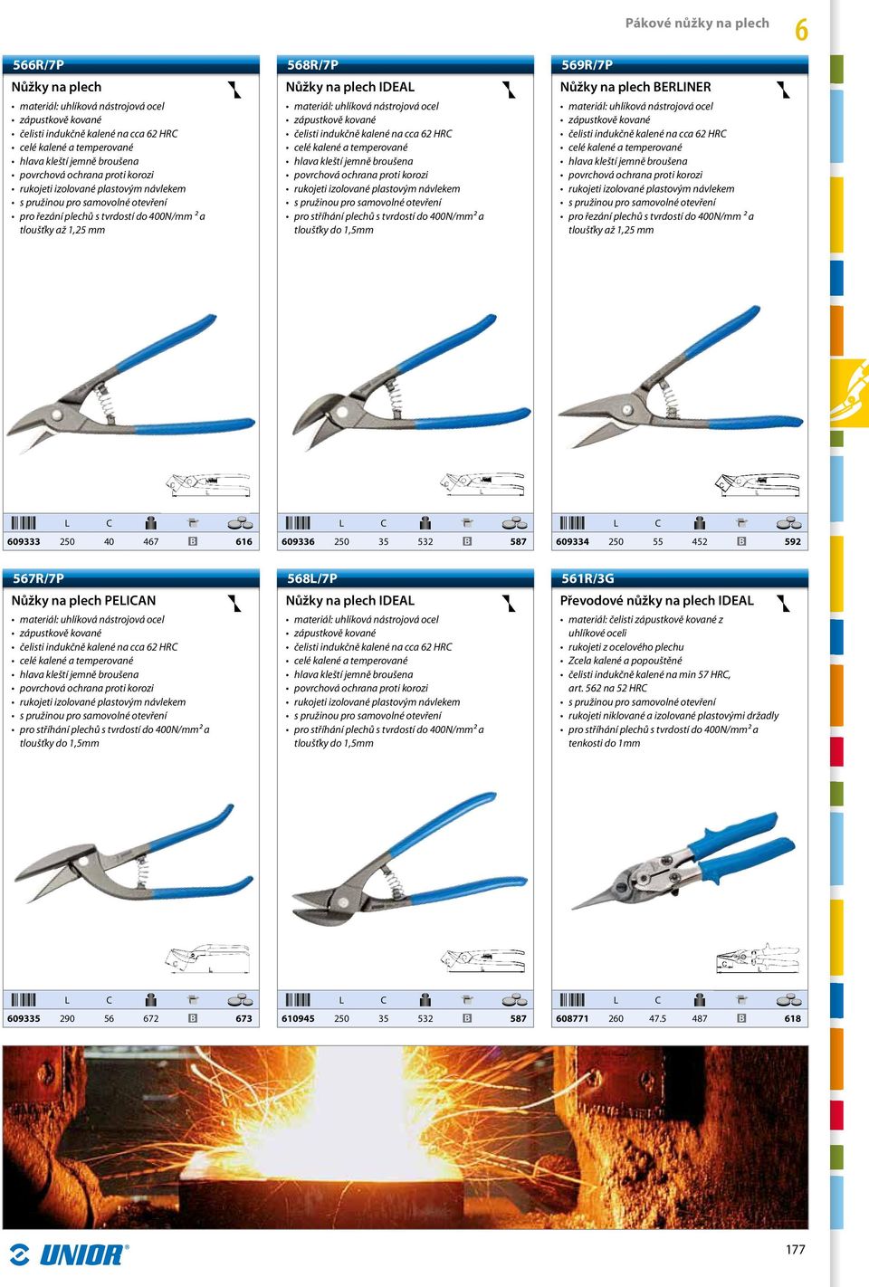 a tloušťky až 1,25 mm 09333 250 40 47 1 0933 250 35 532 587 09334 250 55 452 592 57R/7P Nůžky na plech PEIAN čelisti indukčně kalené na cca 2 HR hlava kleští jemně broušena 58/7P Nůžky na plech IDEA
