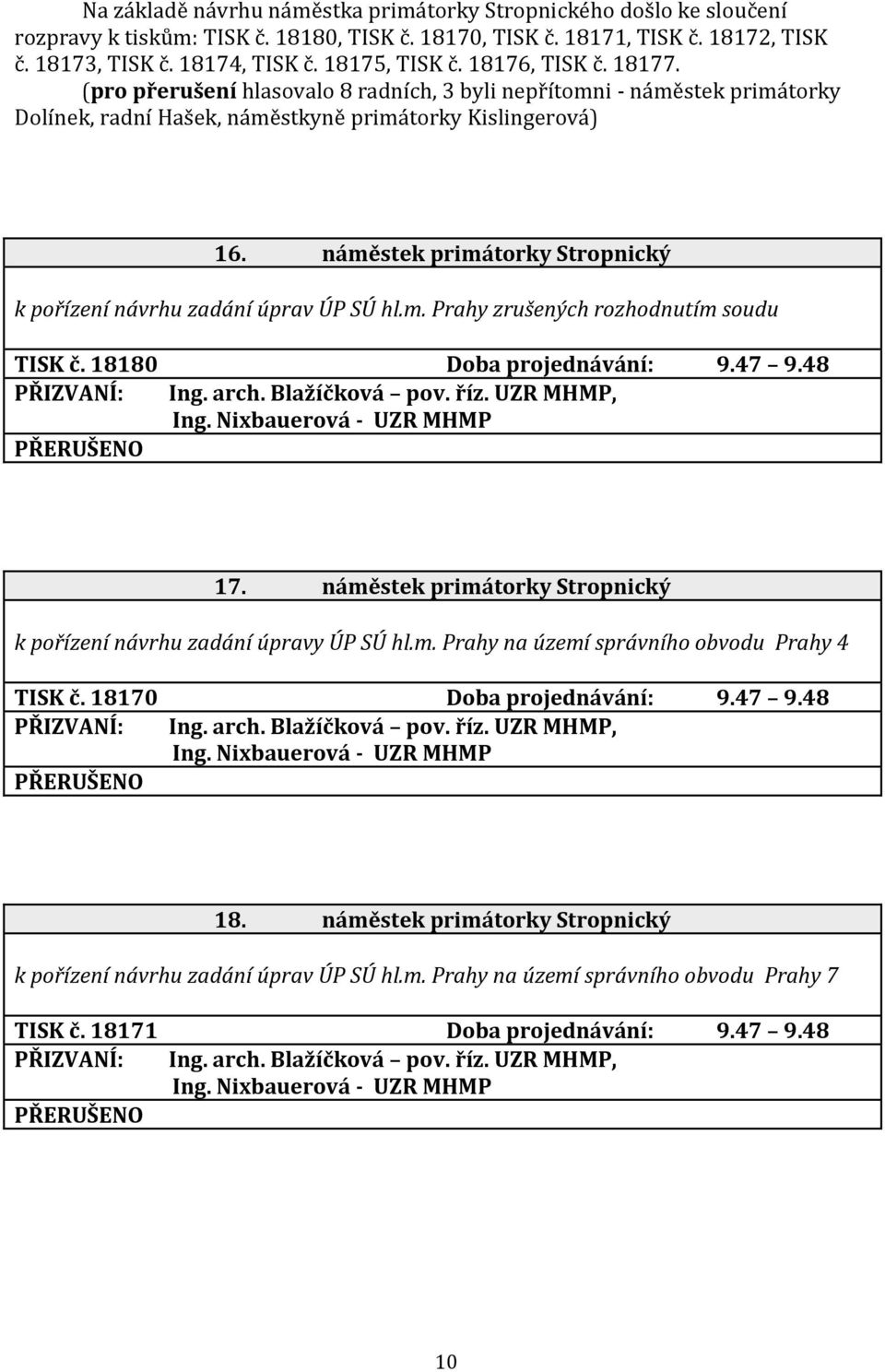 náměstek primátorky Stropnický k pořízení návrhu zadání úprav ÚP SÚ hl.m. Prahy zrušených rozhodnutím soudu TISK č. 18180 Doba projednávání: 9.47 9.48 Ing. arch. Blažíčková pov. říz. UZR MHMP, Ing.