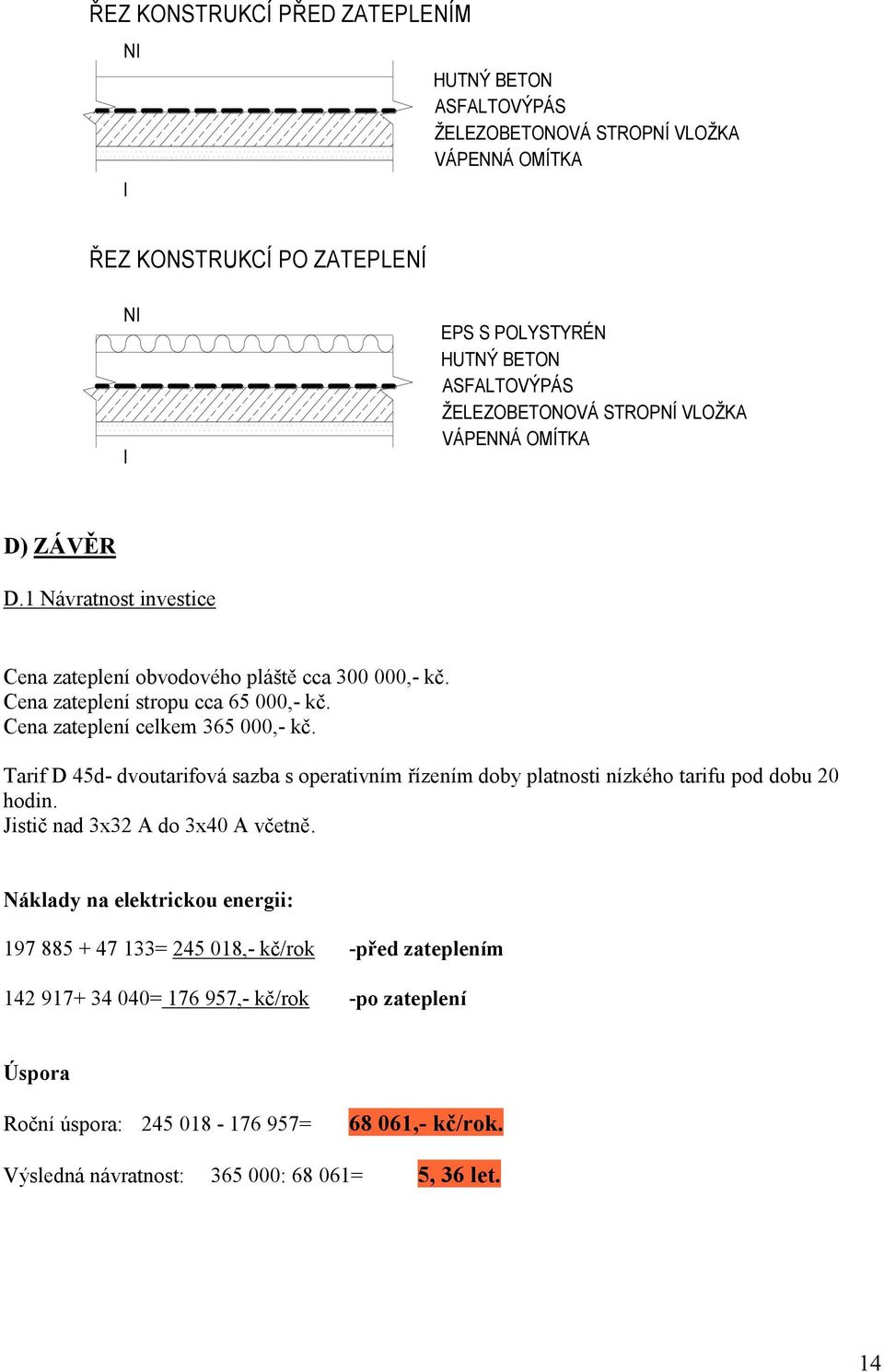 Cena zateplení celkem 365 000,- kč. Tarif D 45d- dvoutarifová sazba s operativním řízením doby platnosti nízkého tarifu pod dobu 20 hodin. Jistič nad 3x32 A do 3x40 A včetně.