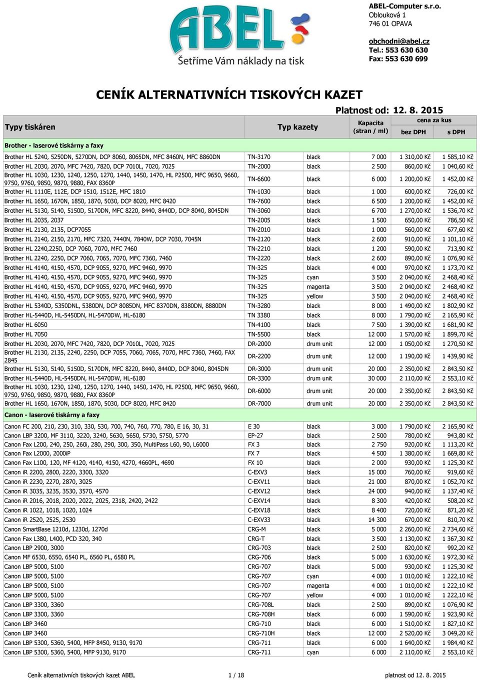 2 500 860,00 Kč 1 040,60 Kč Brother HL 1030, 1230, 1240, 1250, 1270, 1440, 1450, 1470, HL P2500, MFC 9650, 9660, 9750, 9760, 9850, 9870, 9880, FAX 8360P TN-6600 black 6 000 1 200,00 Kč 1 452,00 Kč