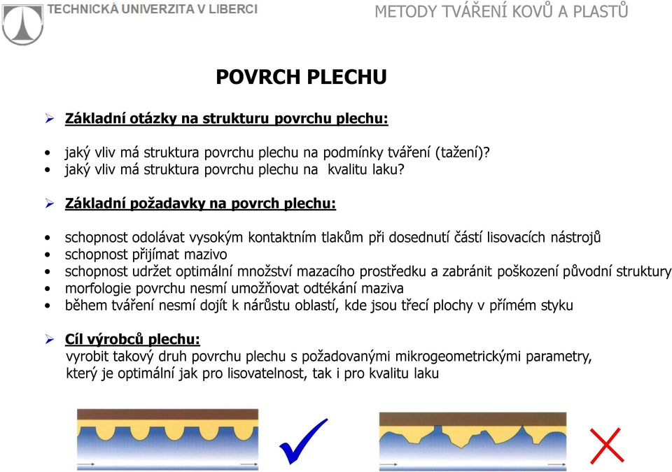 množství mazacího prostředku a zabránit poškození původní struktury morfologie povrchu nesmí umožňovat odtékání maziva během tváření nesmí dojít k nárůstu oblastí, kde jsou třecí