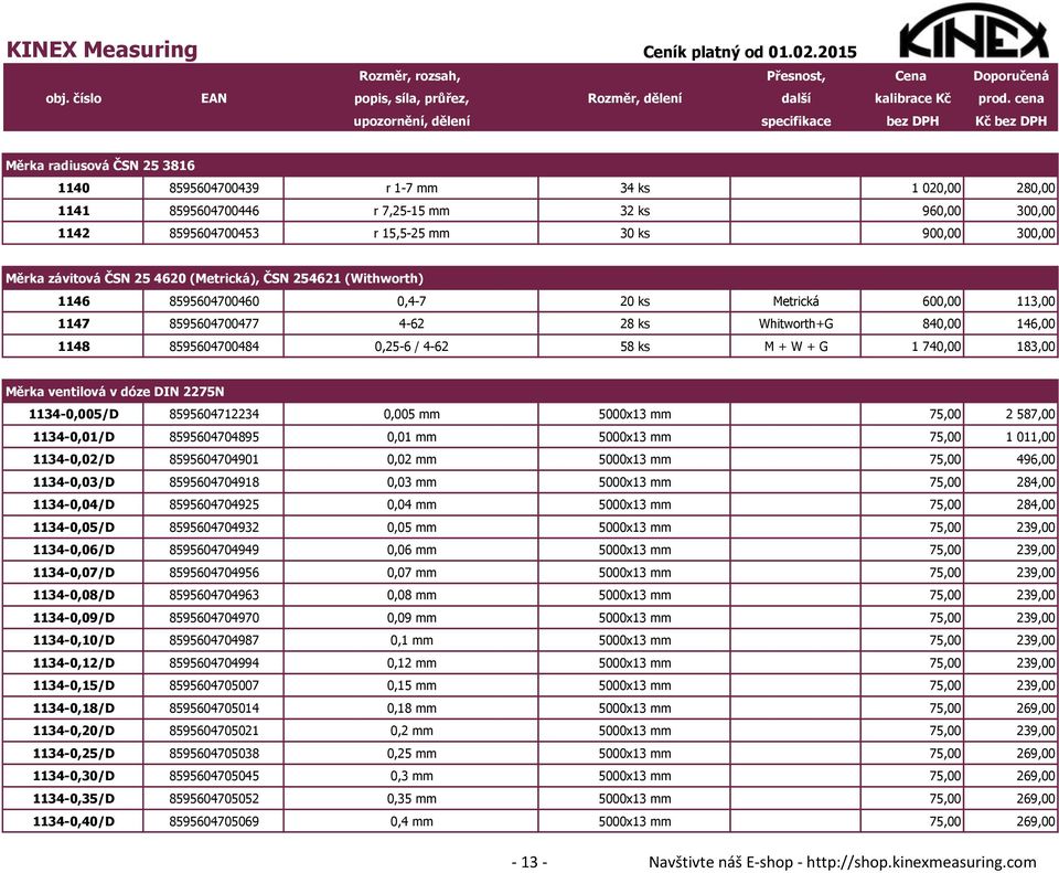 W + G 1 740,00 183,00 Měrka ventilová v dóze DIN 2275N 1134-0,005/D 8595604712234 0,005 mm 5000x13 mm 75,00 2 587,00 1134-0,01/D 8595604704895 0,01 mm 5000x13 mm 75,00 1 011,00 1134-0,02/D