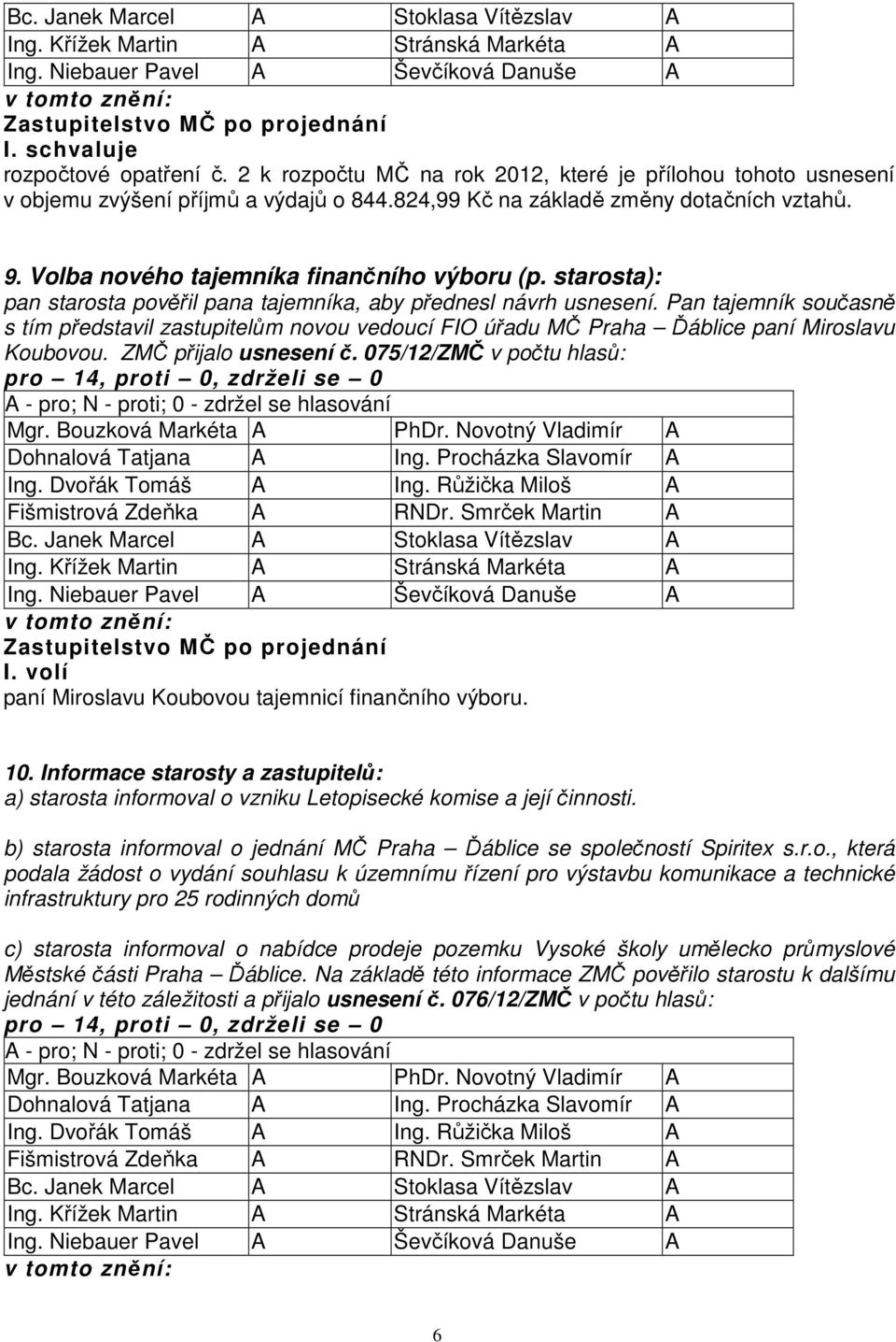 Pan tajemník současně s tím představil zastupitelům novou vedoucí FIO úřadu MČ Praha Ďáblice paní Miroslavu Koubovou. ZMČ přijalo usnesení č.