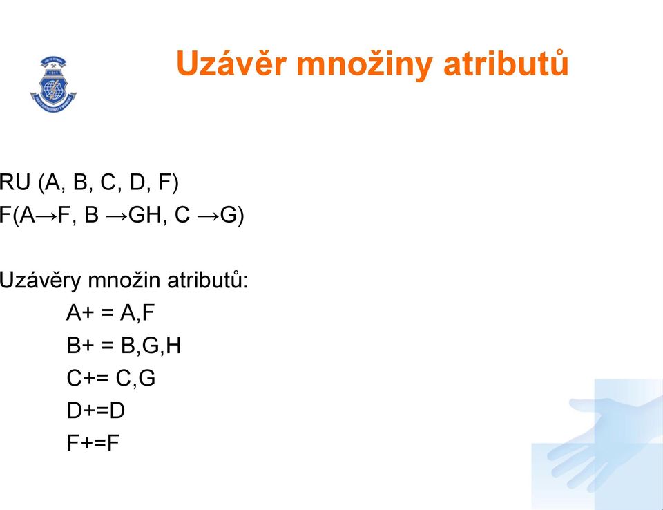 Uzávěry množin atributů: A+ =