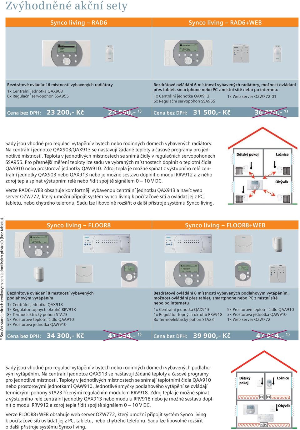 01 6x Regulační servopohon SSA955 Cena bez DPH: 23 200,- Kč 25 560,- 1) Cena bez DPH: 31 500,- Kč 36 070,- 1) Sady jsou vhodné pro regulaci vytápění v bytech nebo rodinných domech vybavených