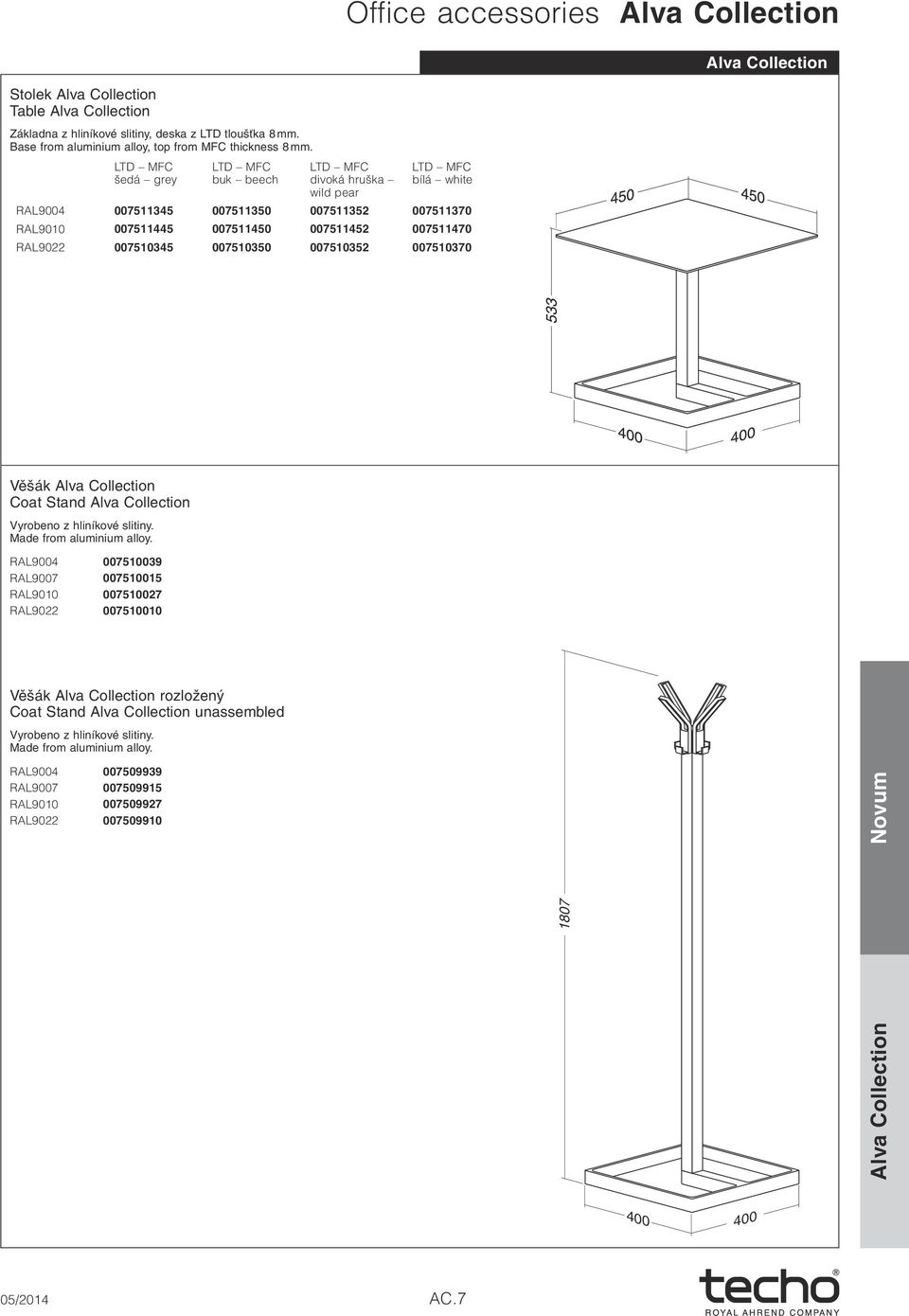 007511470 RAL9022 007510345 007510350 007510352 007510370 Office accessories Věšák Coat Stand Vyrobeno z hliníkové slitiny. Made from aluminium alloy.