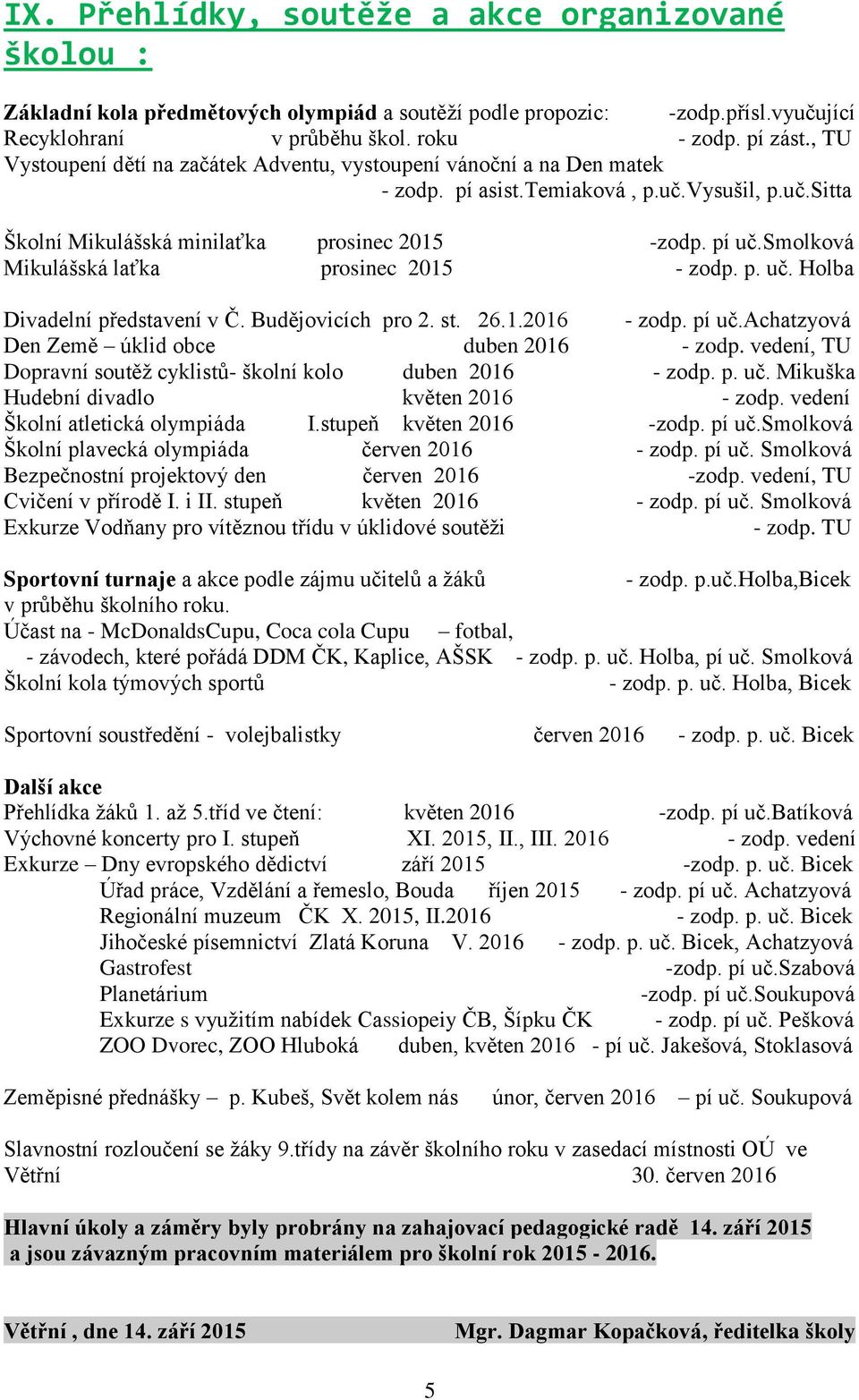 smolková Mikulášská laťka prosinec 2015 - zodp. p. uč. Holba Divadelní představení v Č. Budějovicích pro 2. st. 26.1.2016 - zodp. pí uč.achatzyová Den Země úklid obce duben 2016 - zodp.